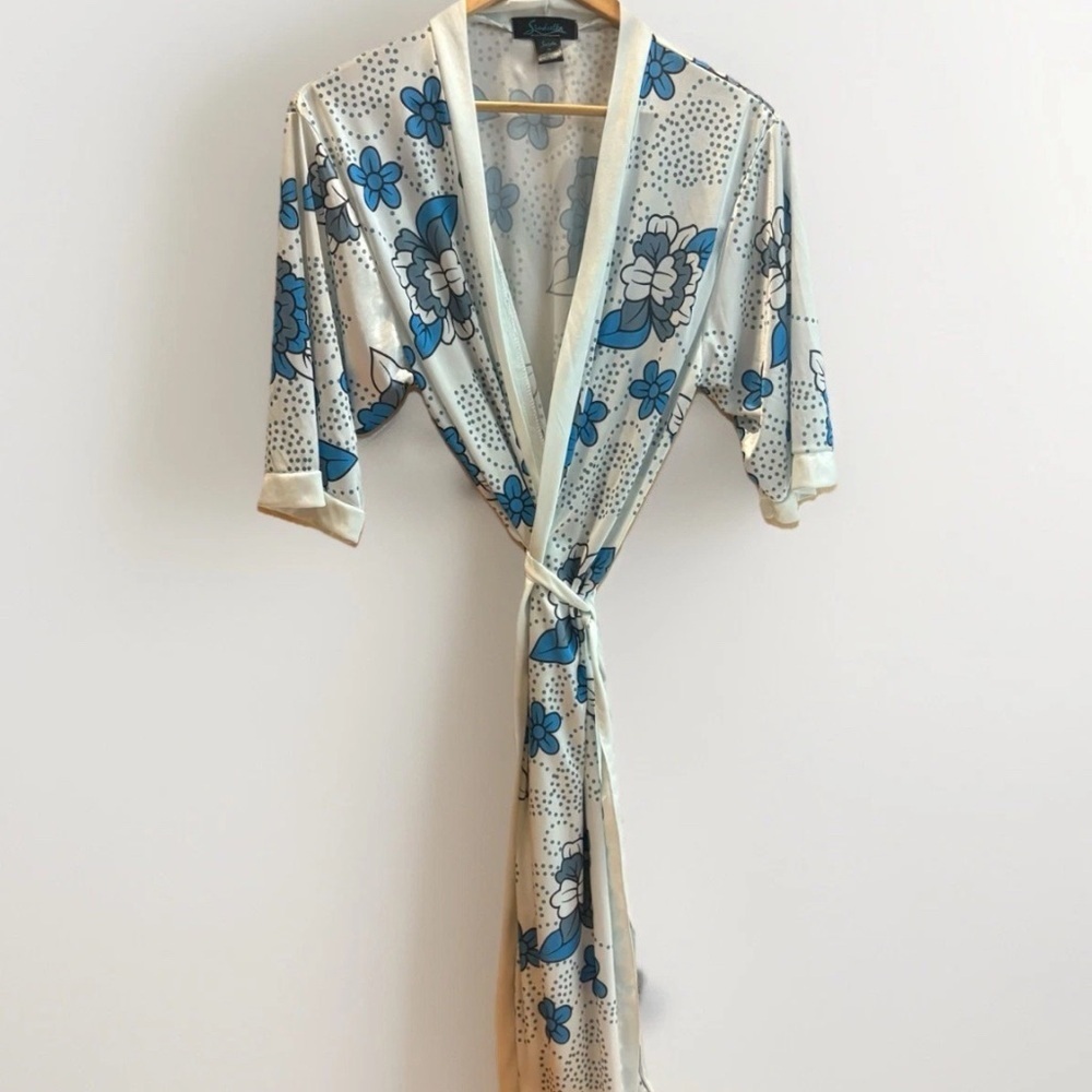 Sindrella VTG Style Luxe Blue Retro Floral Satin Robe Kimono Wrap XL